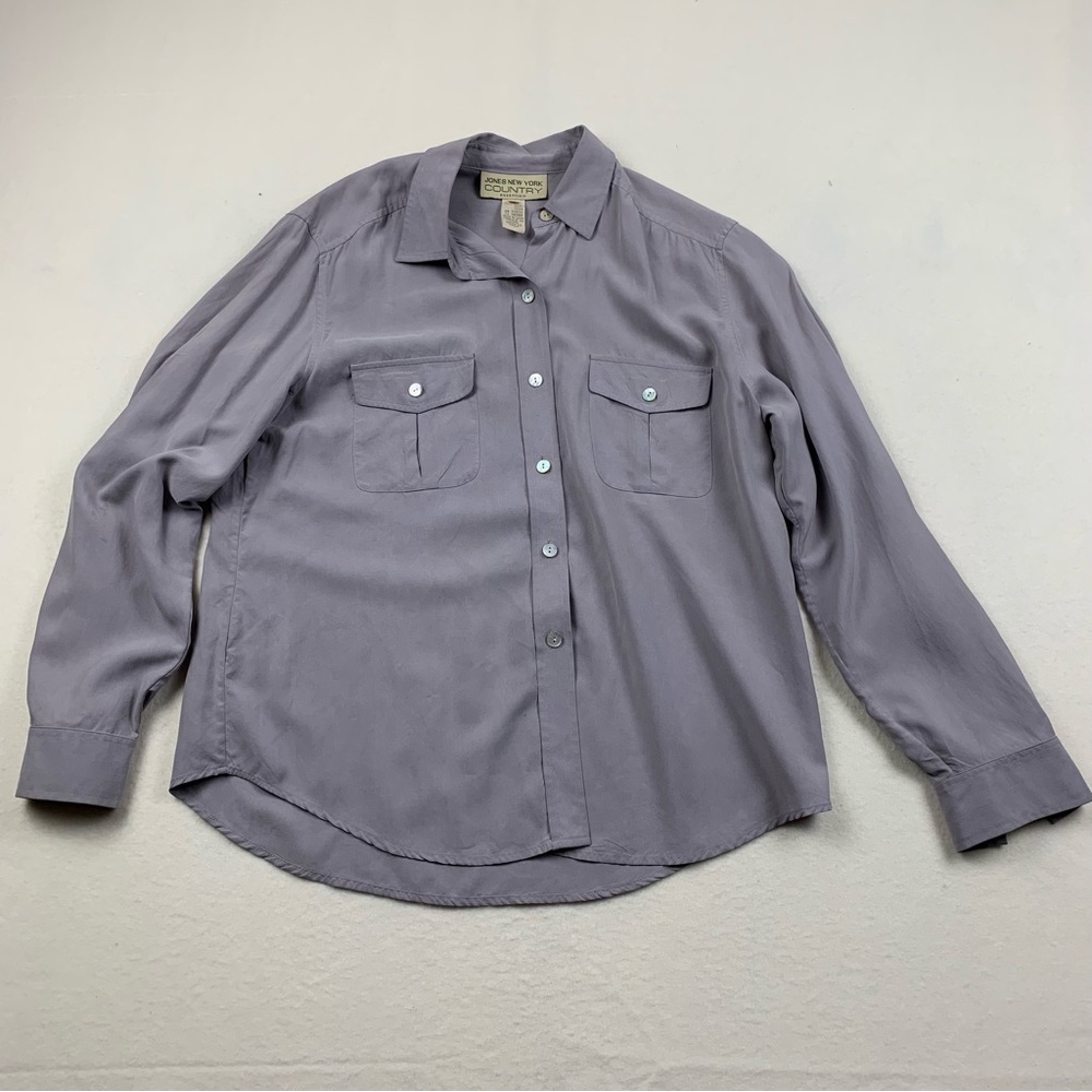 Vintageโ Jones New York Country Shirt Womenโs 14 100% Silk Long Sleeve Button Up